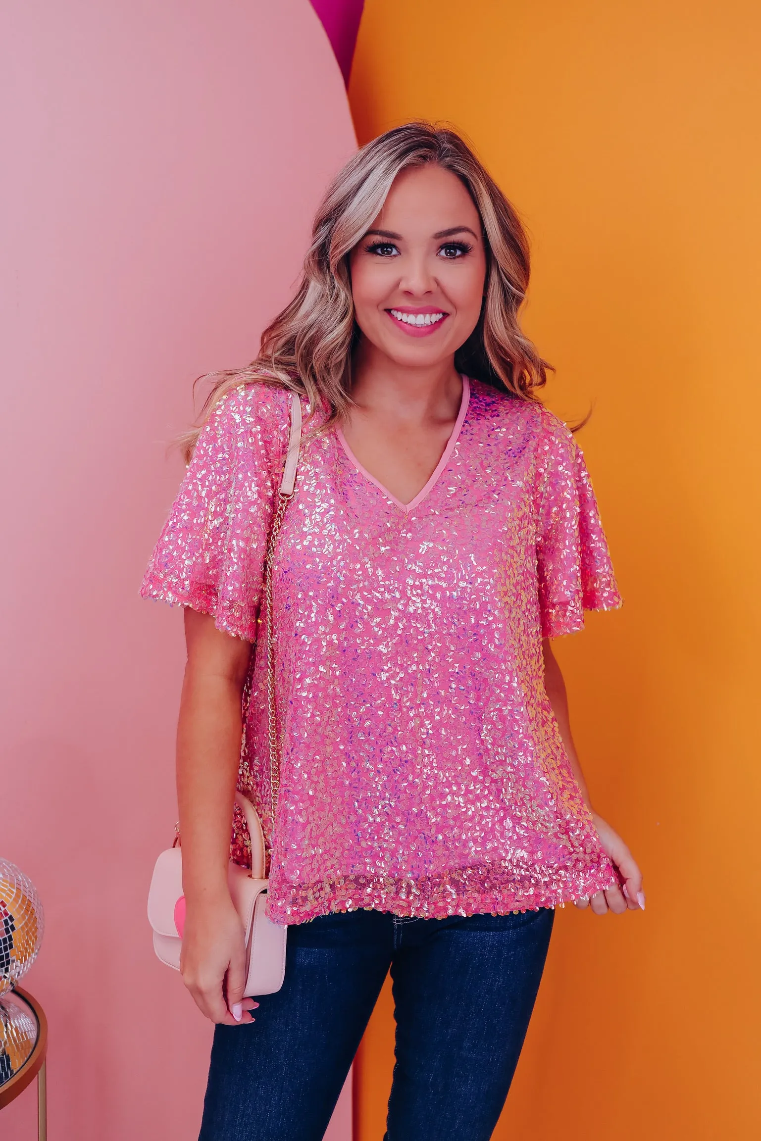 Irresistibly Iridescent Sequin V-Neck Top - Pink