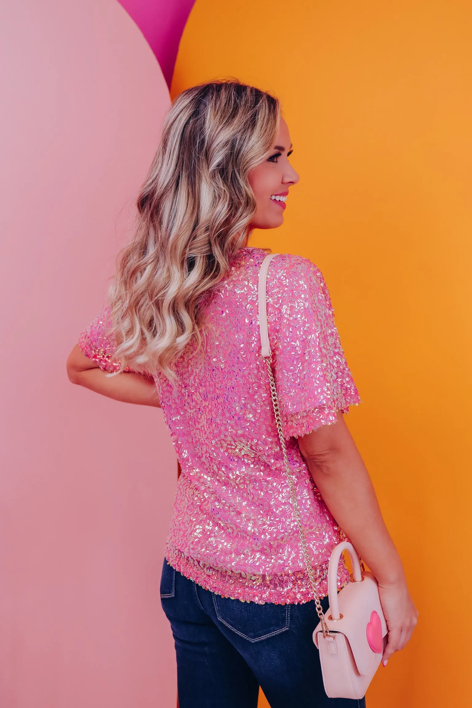 Irresistibly Iridescent Sequin V-Neck Top - Pink