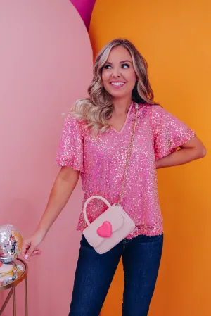 Irresistibly Iridescent Sequin V-Neck Top - Pink