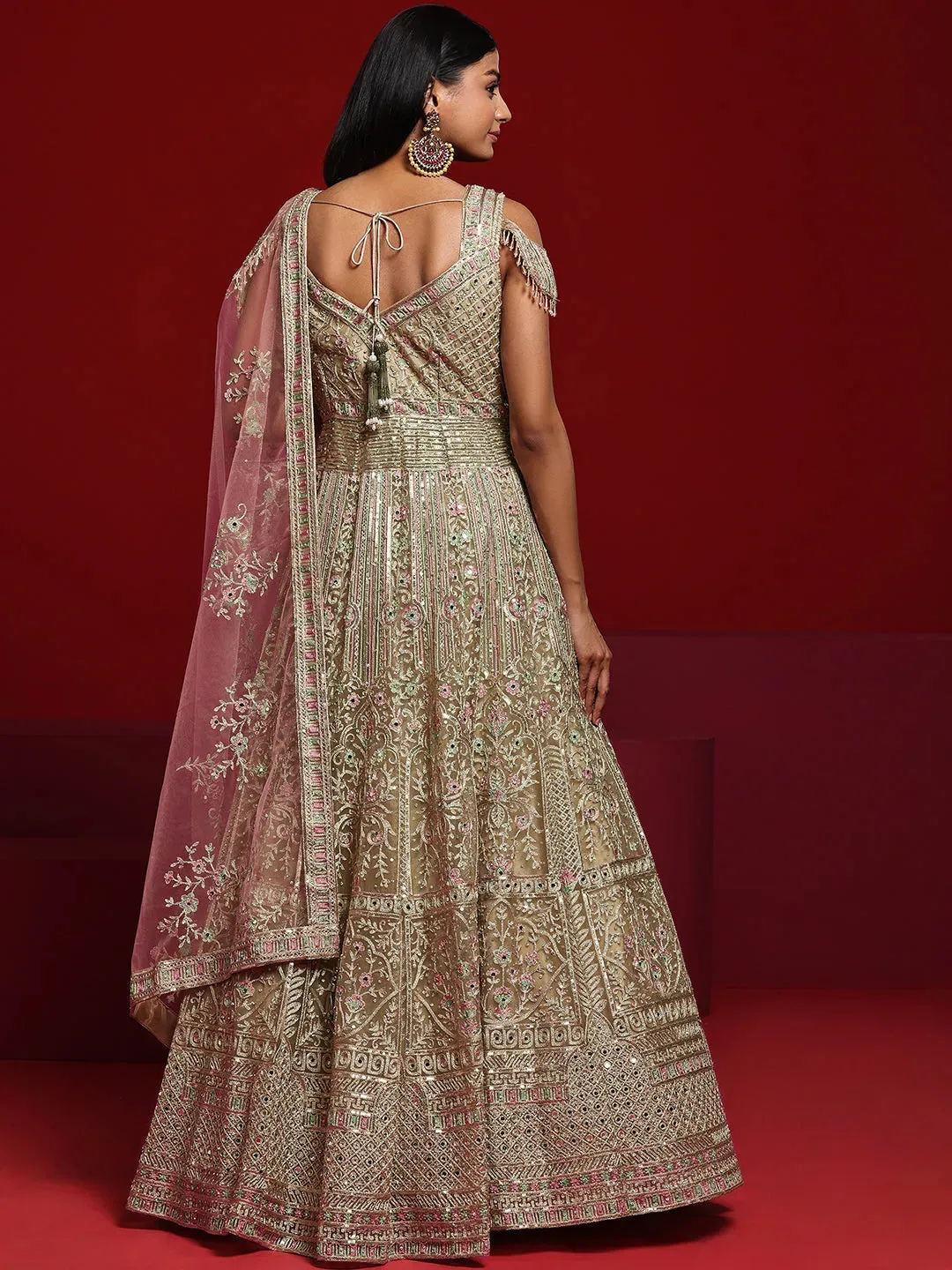 Jashvi Art Beige Embellished Nylon Gown With Dupatta