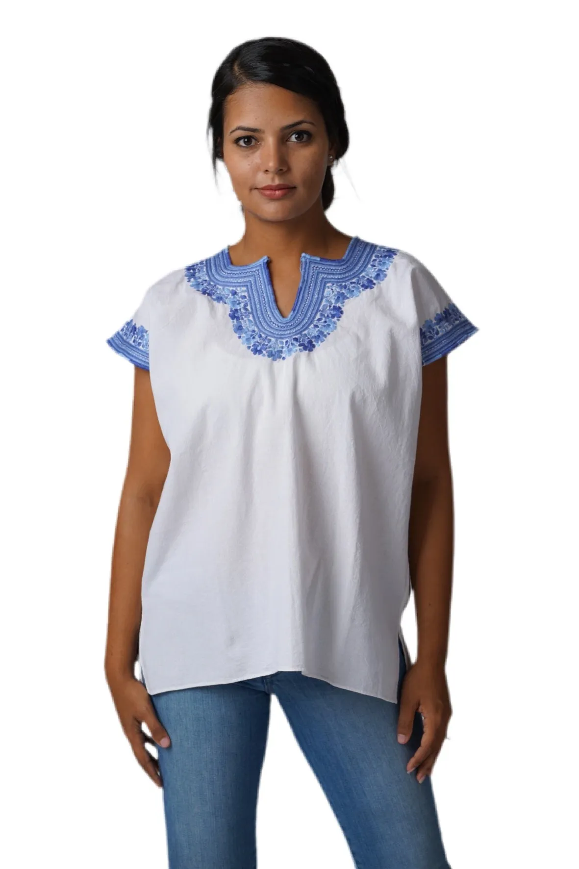 Kahlo Mexican Top - Cotton - White, French Blue