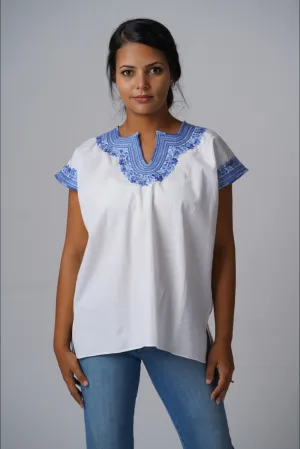 Kahlo Mexican Top - Cotton - White, French Blue