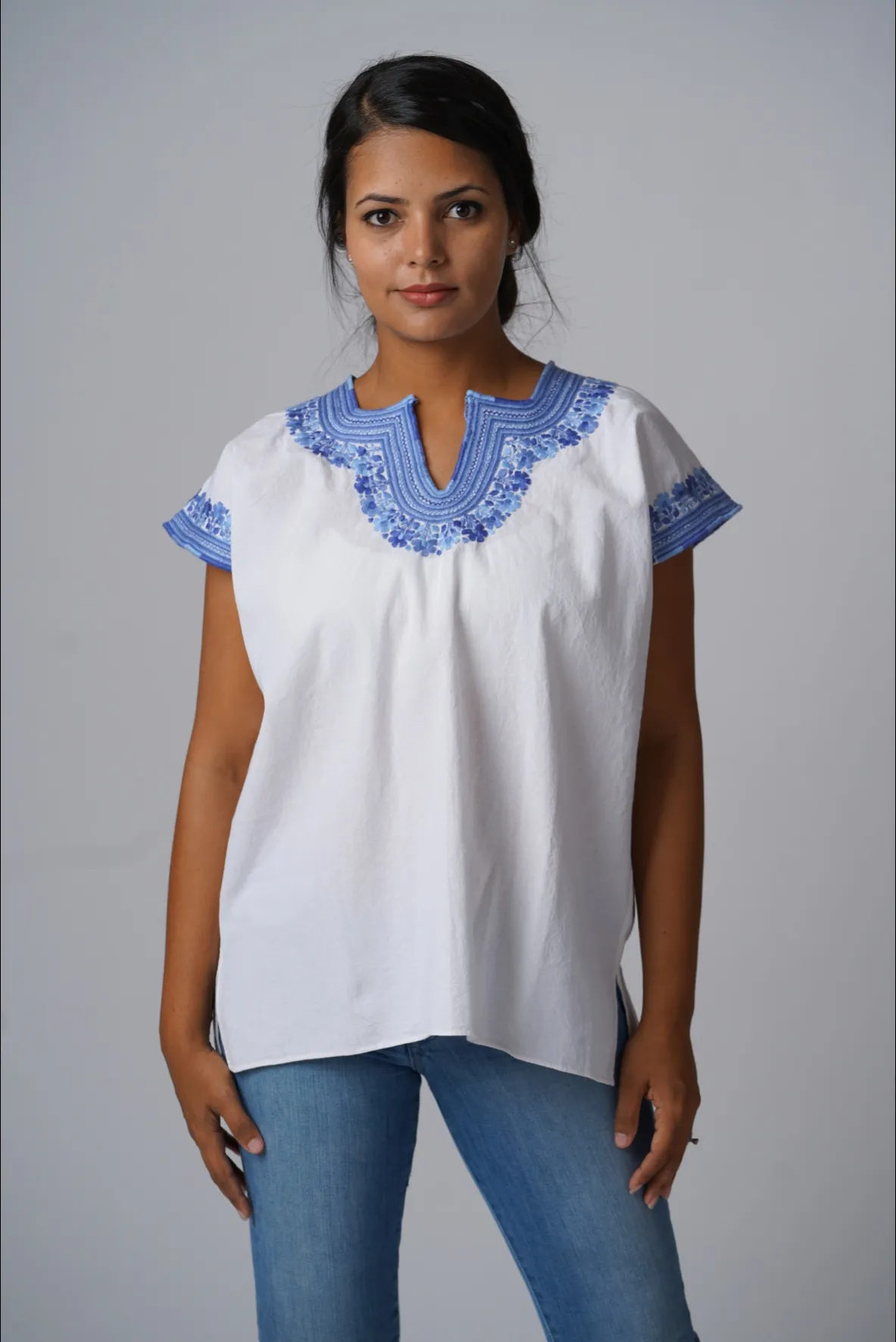 Kahlo Mexican Top - Cotton - White, French Blue