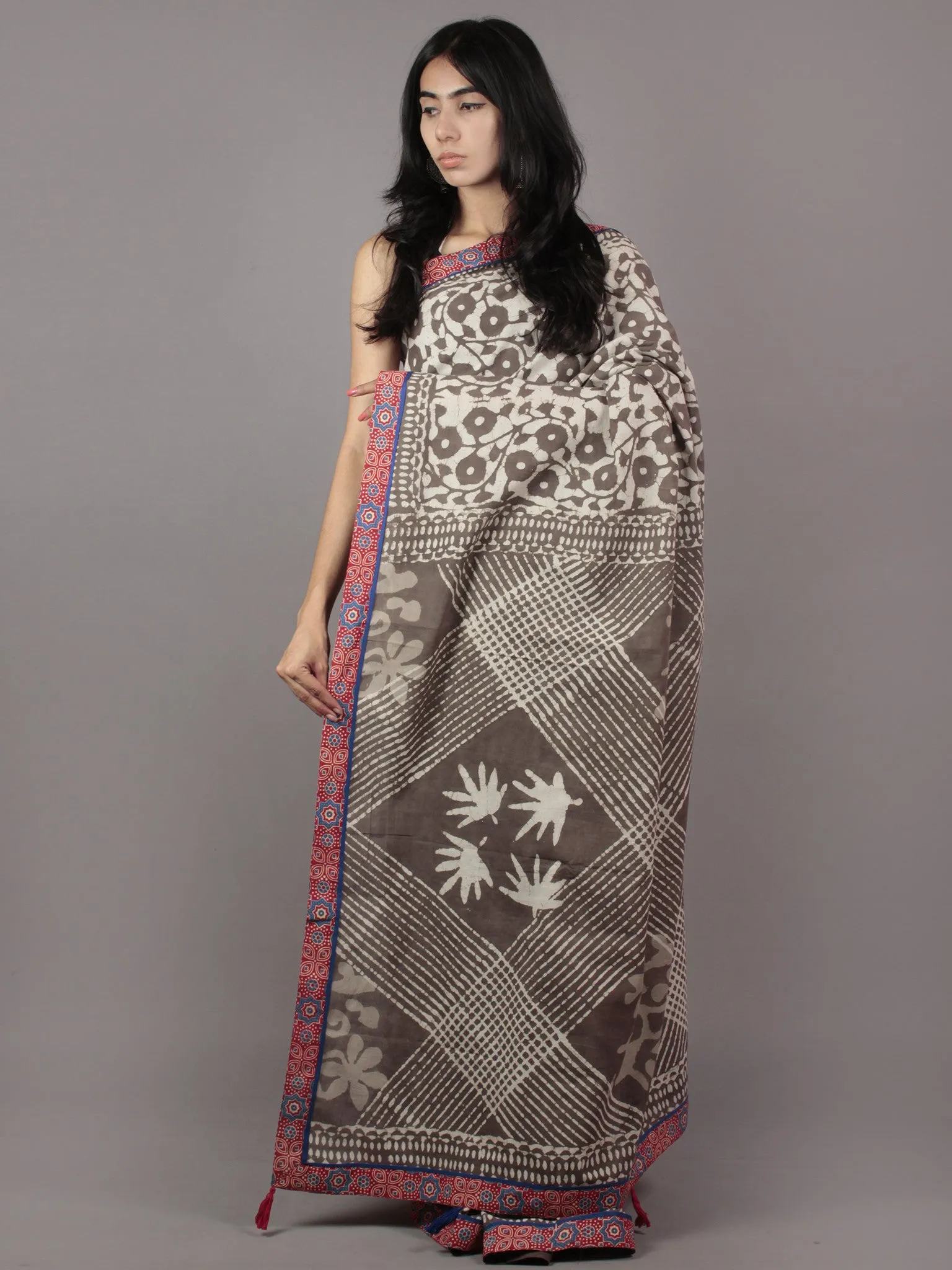 Kashish Ivory Hand Block Printed Cotton Saree With Ajrakh Printed Border & Tassels - S031701876