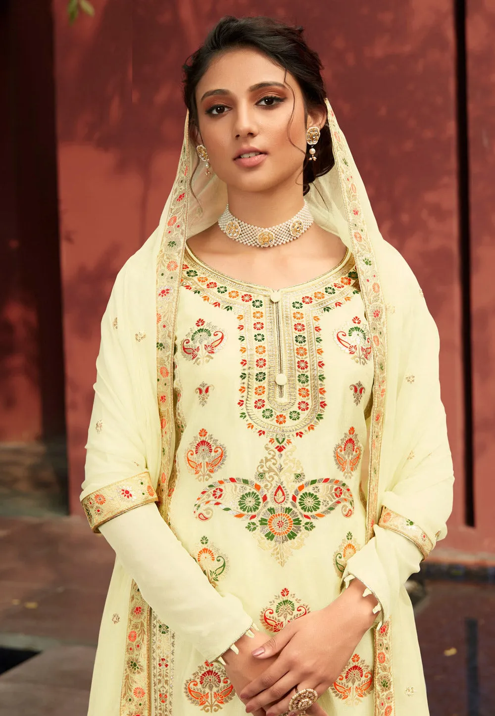 Lemon Yellow Multi Embroidered Palazzo Suit