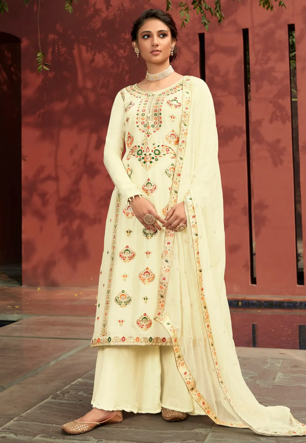 Lemon Yellow Multi Embroidered Palazzo Suit