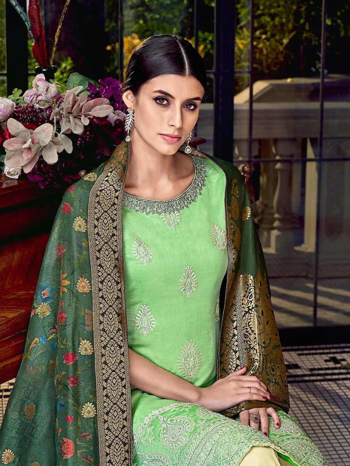 Light Green Multi Embroidered Lucknowi Sharara Palazzo Suit