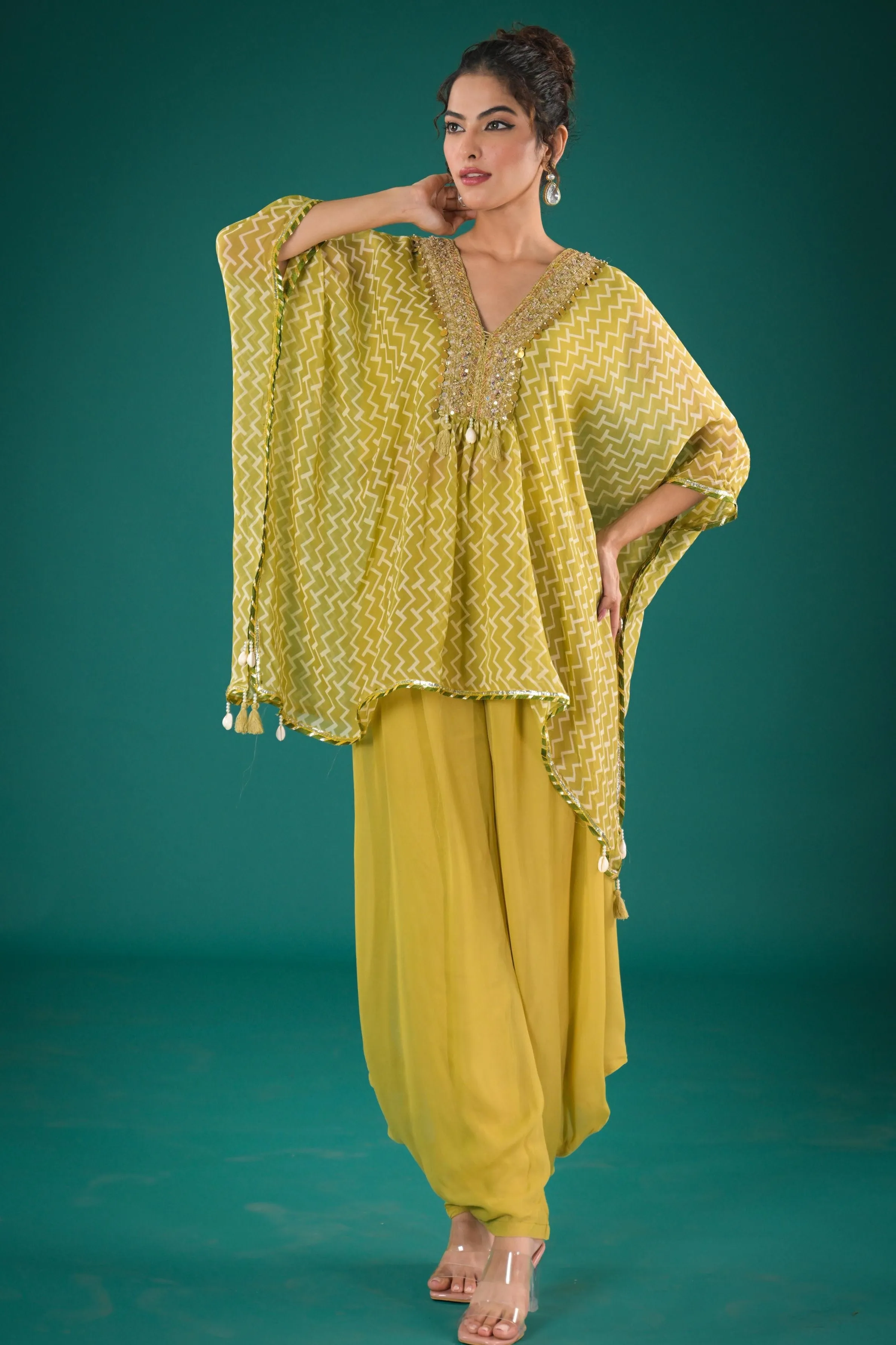 Light Green Printed Tissue Organza Silk Top & Palazzo Set