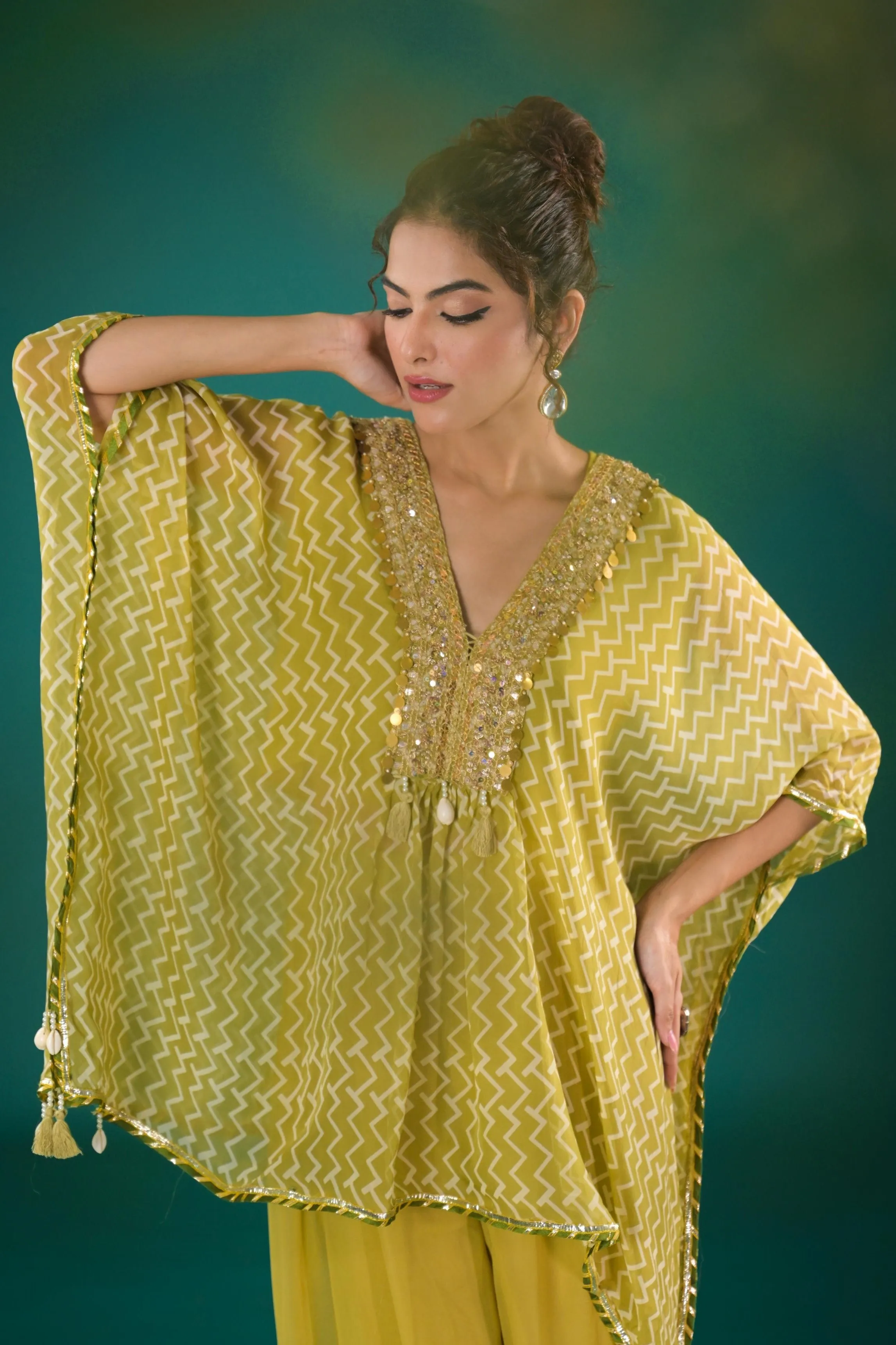 Light Green Printed Tissue Organza Silk Top & Palazzo Set