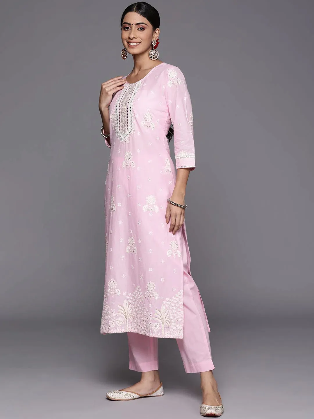 Light Pink Cotton Embroidered Kurta Palazzo Set with Silk Chiffon Dupatta