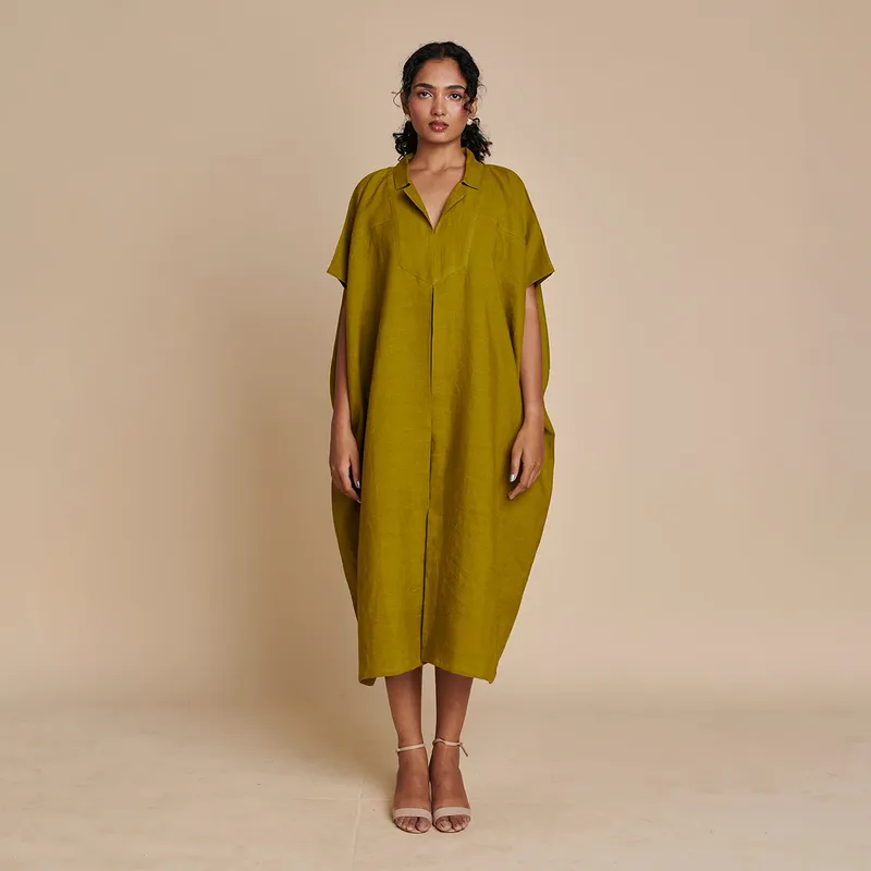 Linen Kaftan Dress for Women | Green | Full Sleeves