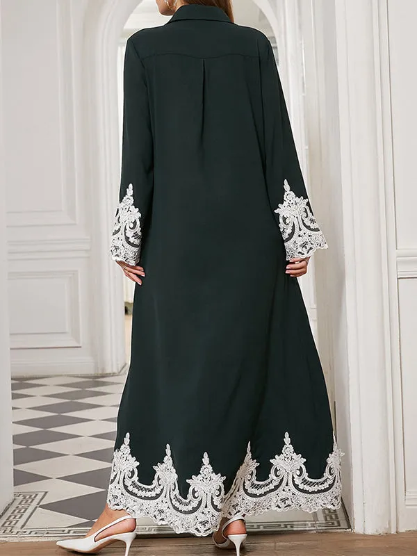 Long Sleeves Loose Buttoned Embroidered Lapel Maxi Dresses