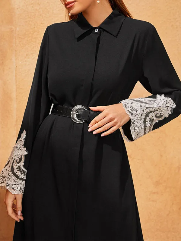 Long Sleeves Loose Buttoned Embroidered Lapel Maxi Dresses