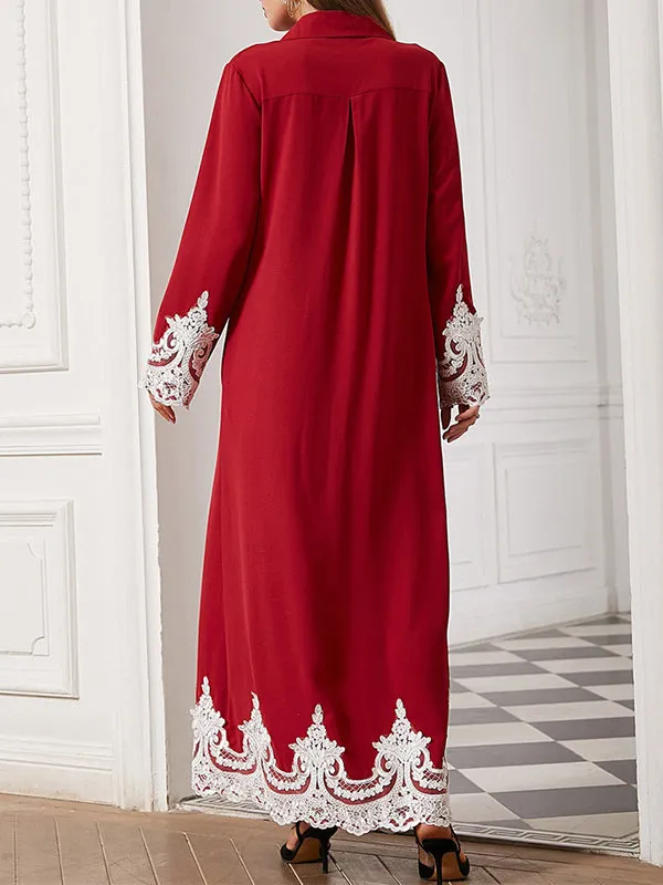 Long Sleeves Loose Buttoned Embroidered Lapel Maxi Dresses