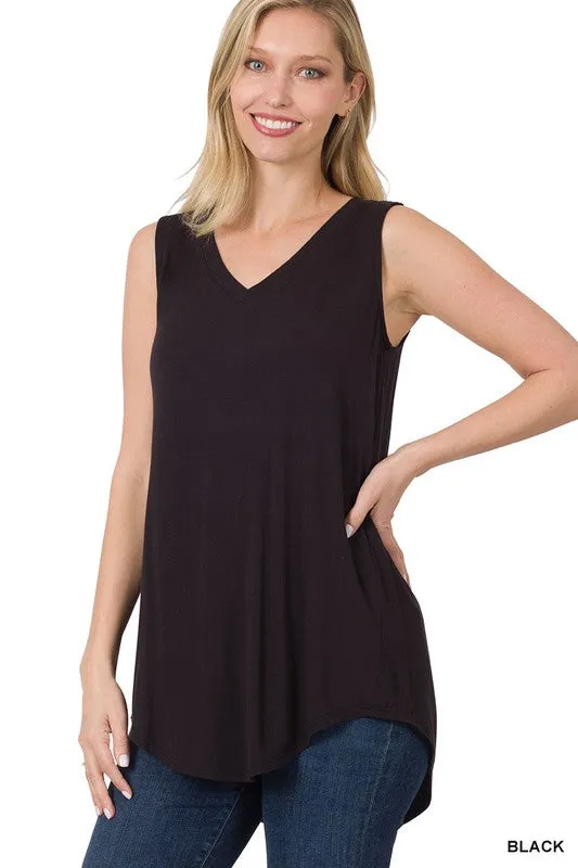 LUXE RAYON SLEEVELESS V NECK HI LOW HEM TOP