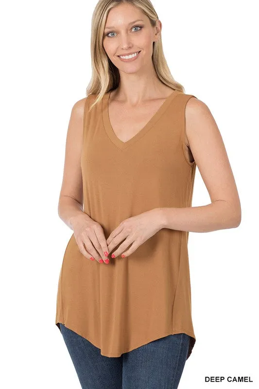 LUXE RAYON SLEEVELESS V NECK HI LOW HEM TOP