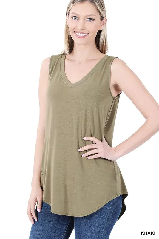 LUXE RAYON SLEEVELESS V NECK HI LOW HEM TOP