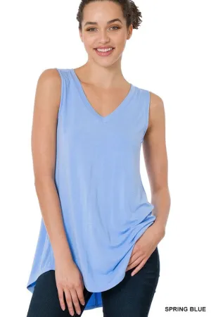 LUXE RAYON SLEEVELESS V NECK HI LOW HEM TOP