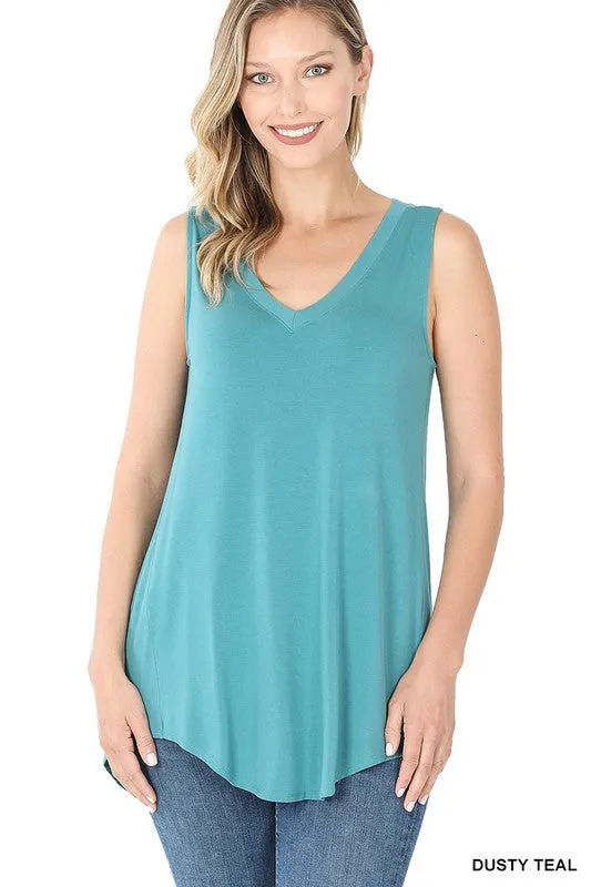 LUXE RAYON SLEEVELESS V NECK HI LOW HEM TOP