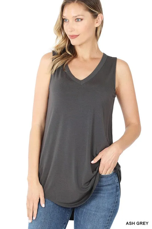 LUXE RAYON SLEEVELESS V NECK HI LOW HEM TOP