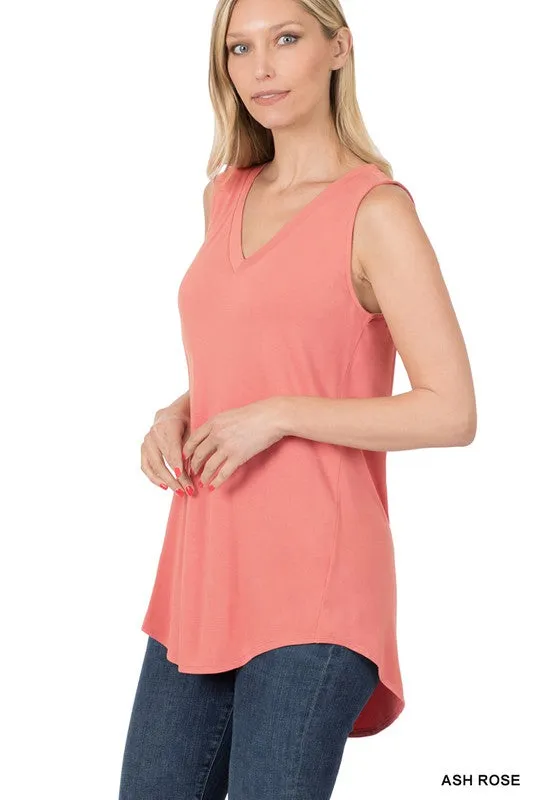 LUXE RAYON SLEEVELESS V NECK HI LOW HEM TOP