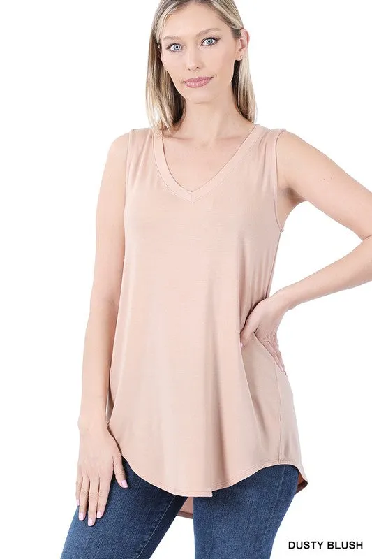 LUXE RAYON SLEEVELESS V NECK HI LOW HEM TOP