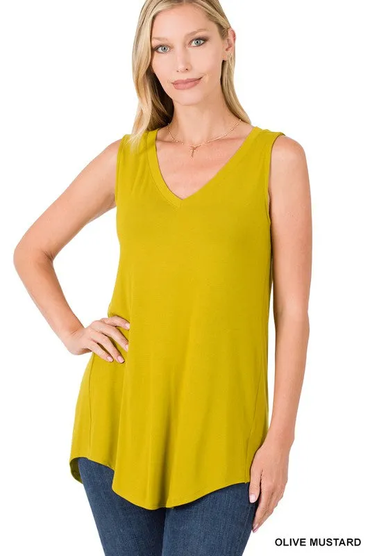 LUXE RAYON SLEEVELESS V NECK HI LOW HEM TOP