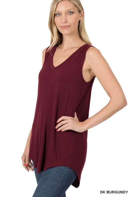 LUXE RAYON SLEEVELESS V NECK HI LOW HEM TOP