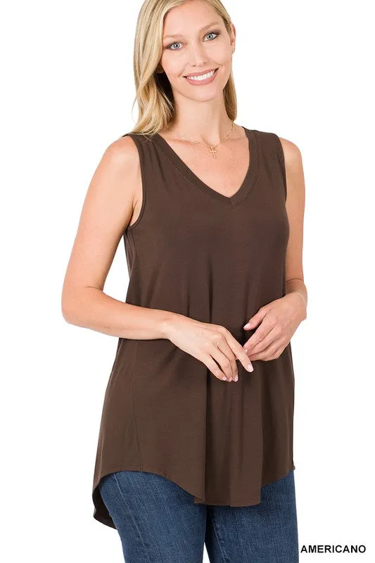 LUXE RAYON SLEEVELESS V NECK HI LOW HEM TOP