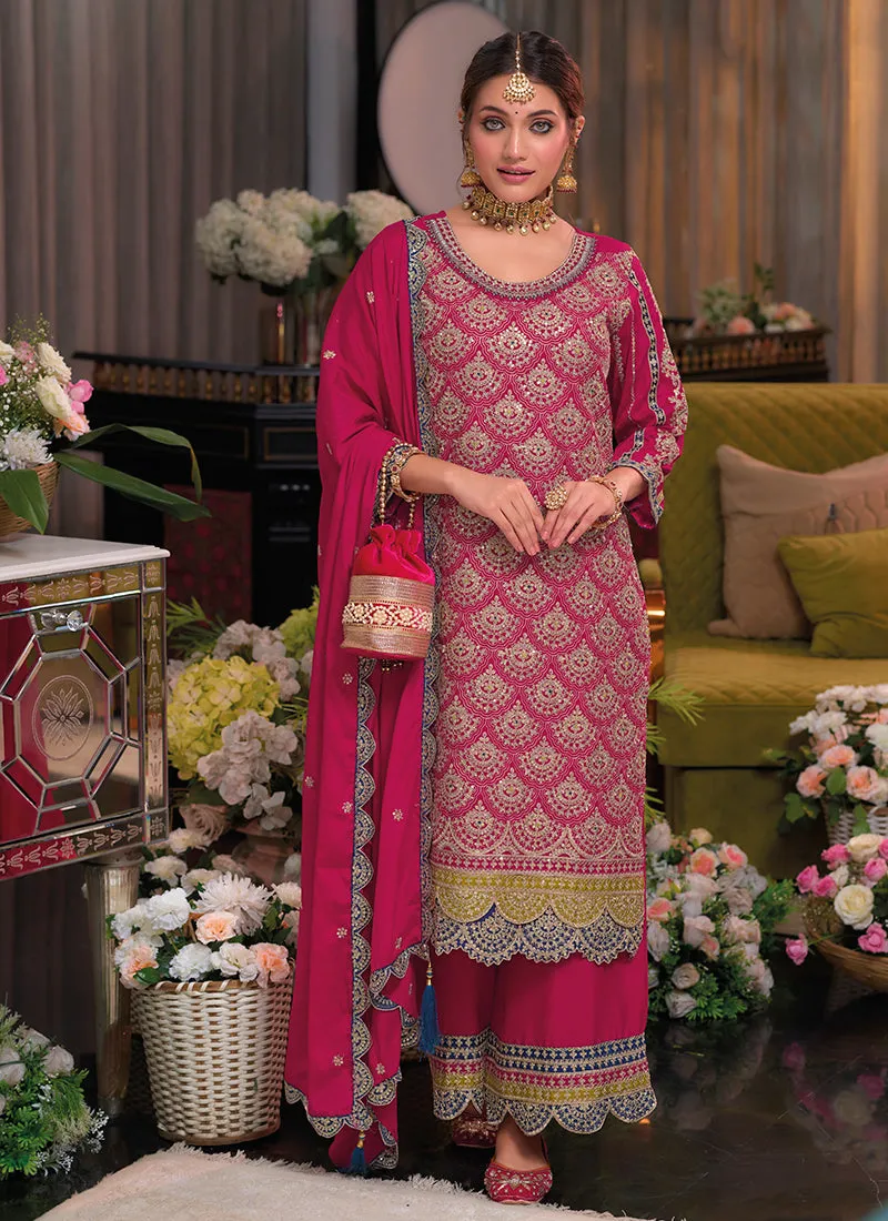 Magenta Pink Multi Traditional Embroidery Palazzo Suit