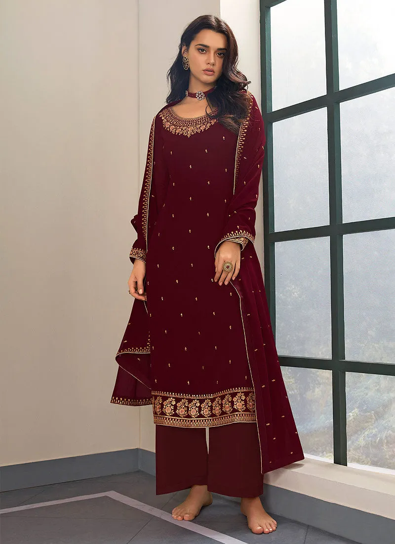 Maroon Embroidered Palazzo Style Pant Suit