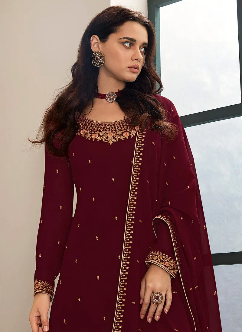 Maroon Embroidered Palazzo Style Pant Suit