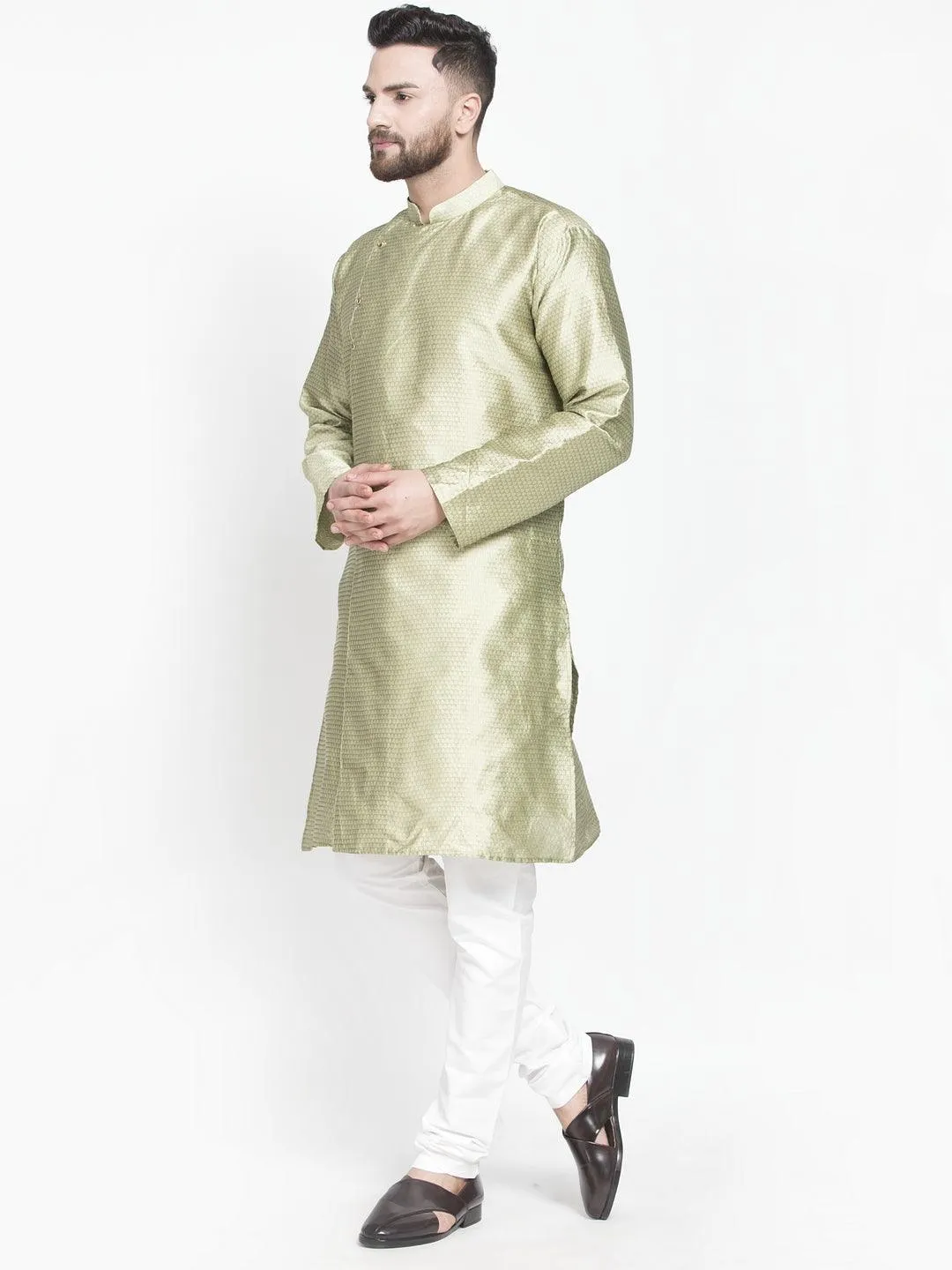 Men's Beige Self Design Kurta With White Churidaar Pyjama - Benstoke