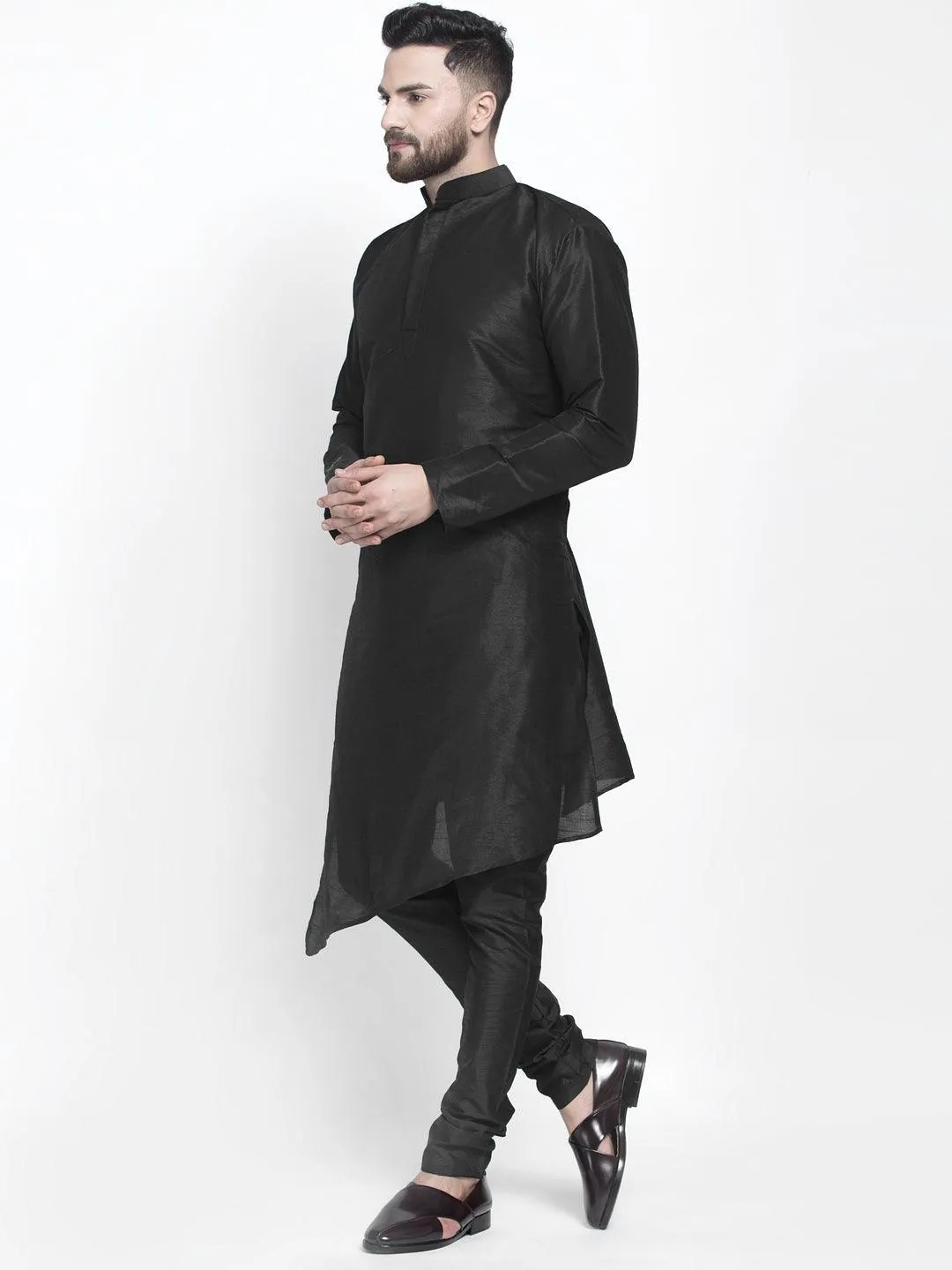 Men's Black Solid Asymmetric Kurta With Churidaar Pyjama - Benstoke