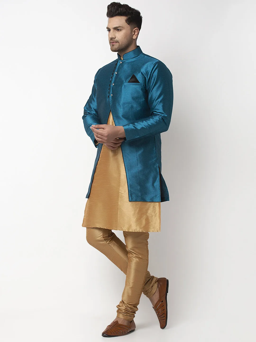 Men's Copper Kurta With Pyjama & Peacock Blue Self Design Jacket - Benstoke