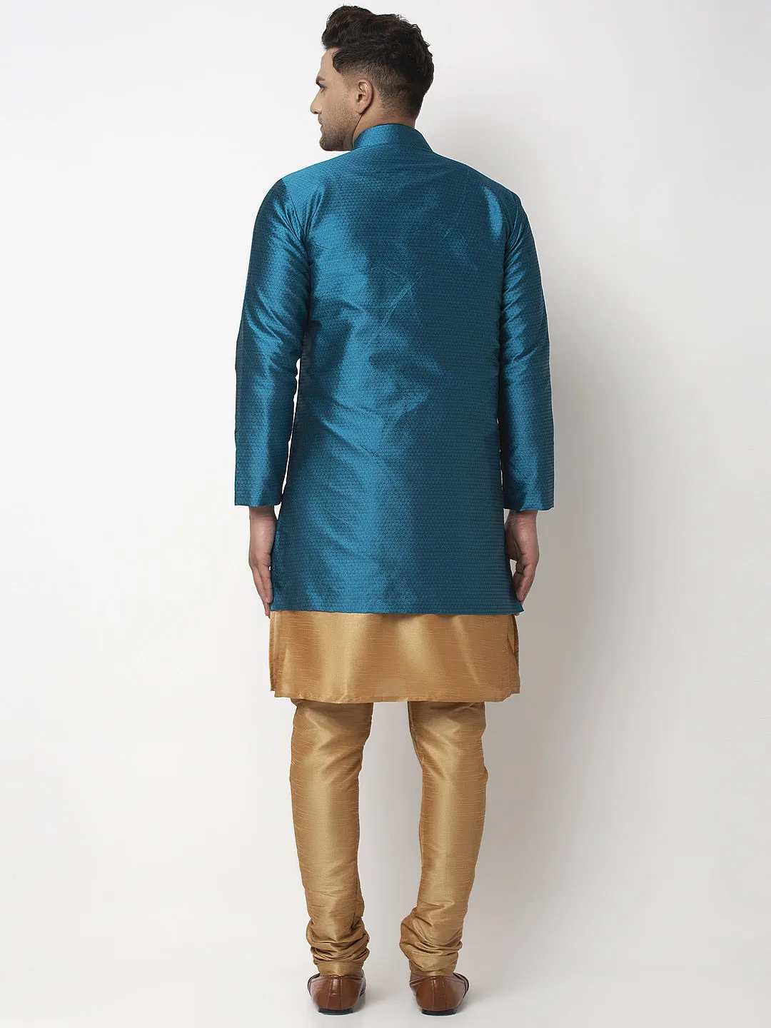 Men's Copper Kurta With Pyjama & Peacock Blue Self Design Jacket - Benstoke