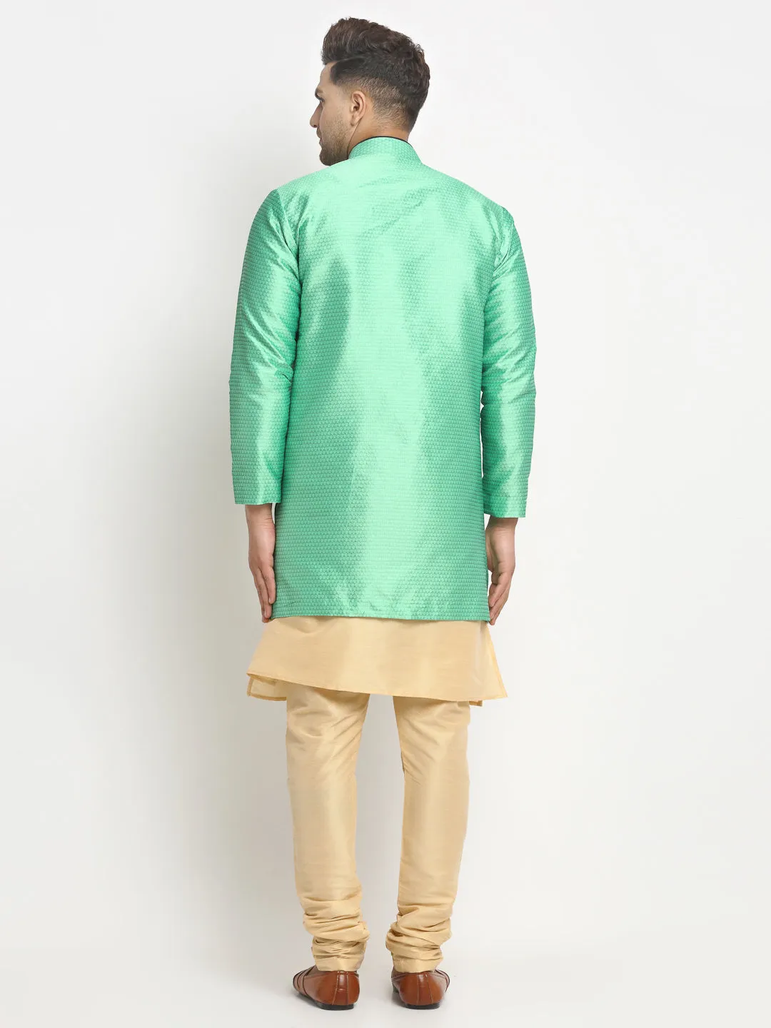 Men's Gold Kurta With Pyjama & Sea Green Self Design Jacket - Benstoke