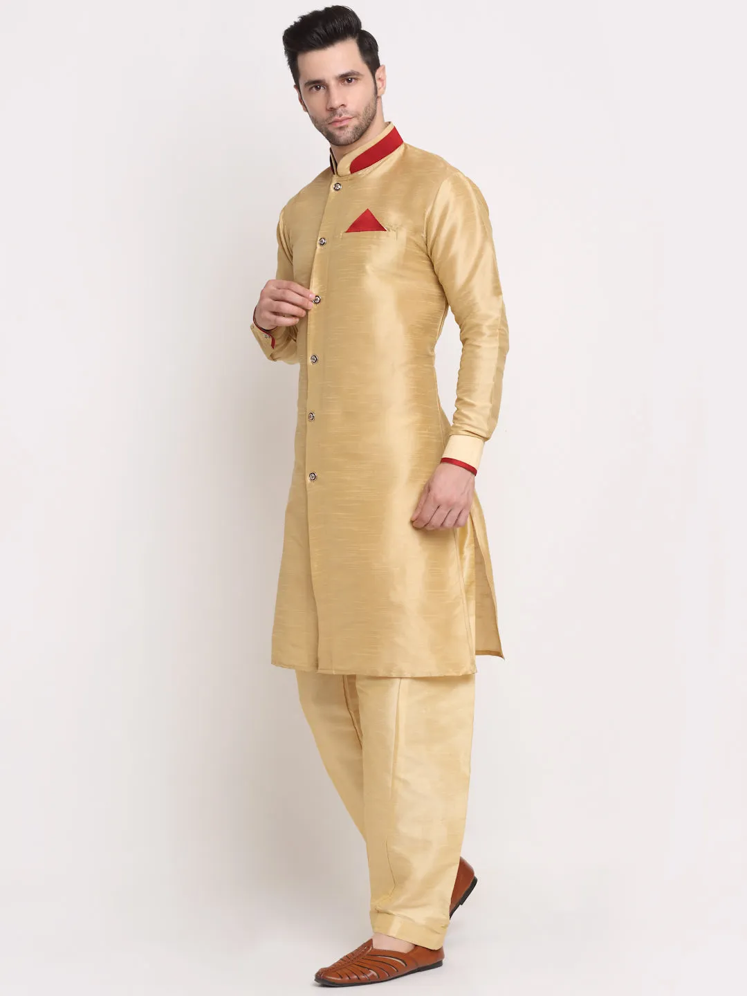 Men's Gold Solid Kurta With Pyjamas Set - Benstoke