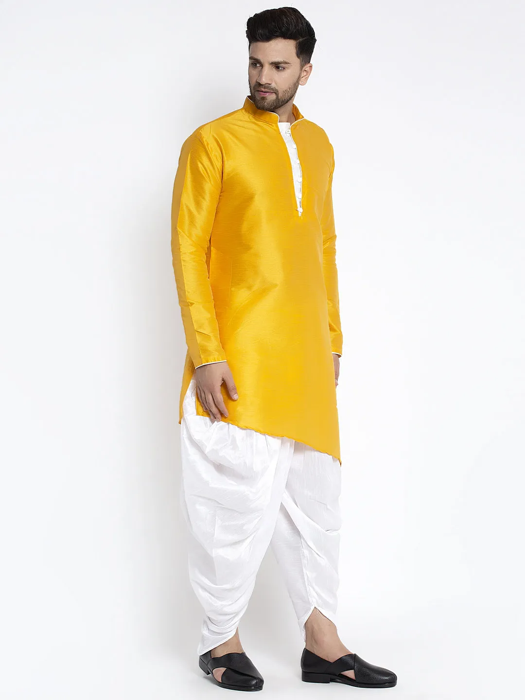 Men's Mustard Solid Kurta With White Dhoti Pant - Benstoke