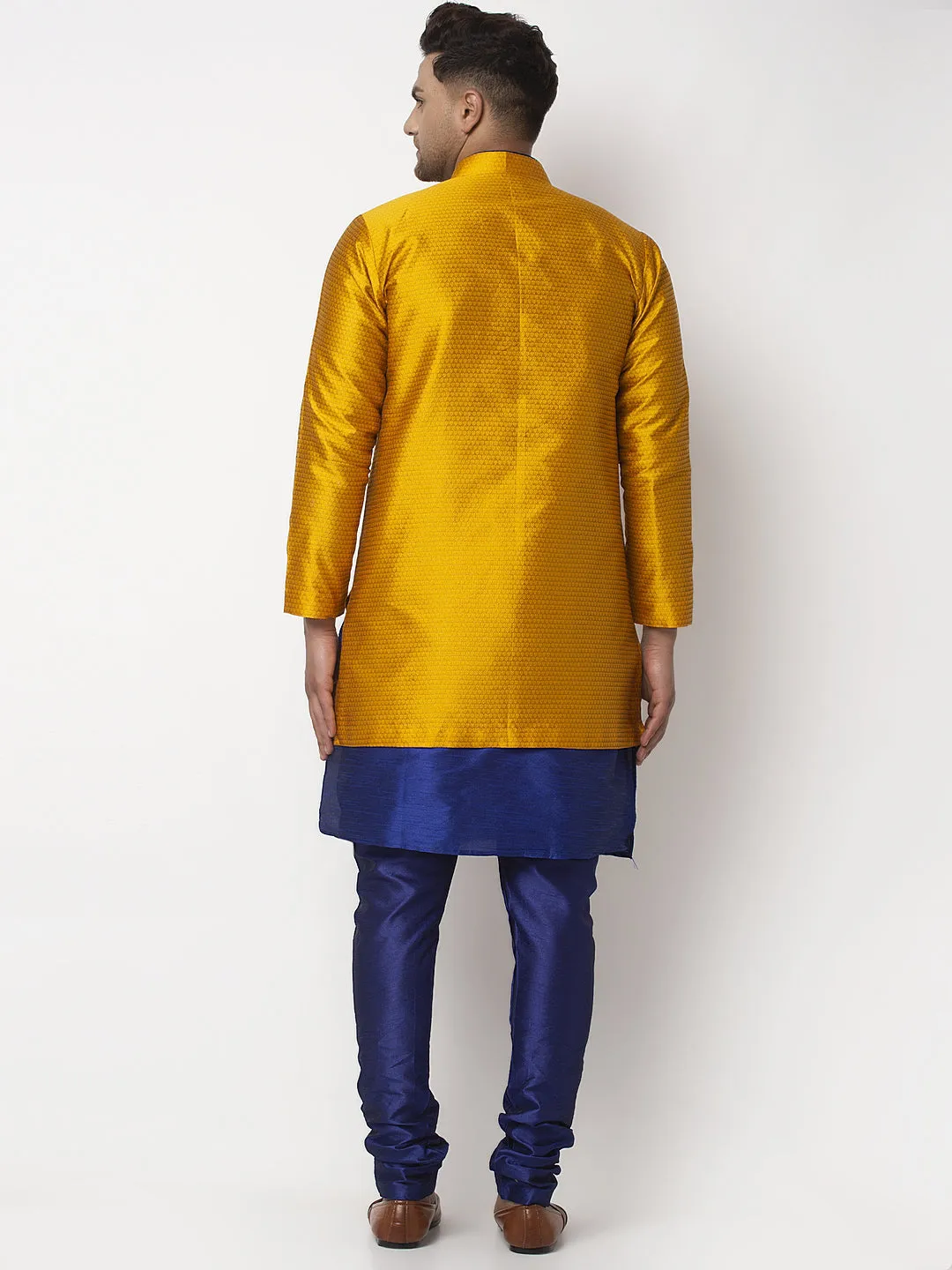 Men's Royal Blue Kurta With Pyjama & Mustard Self Design Jacket - Benstoke