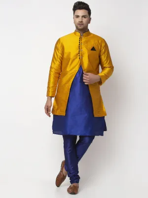 Men's Royal Blue Kurta With Pyjama & Mustard Self Design Jacket - Benstoke