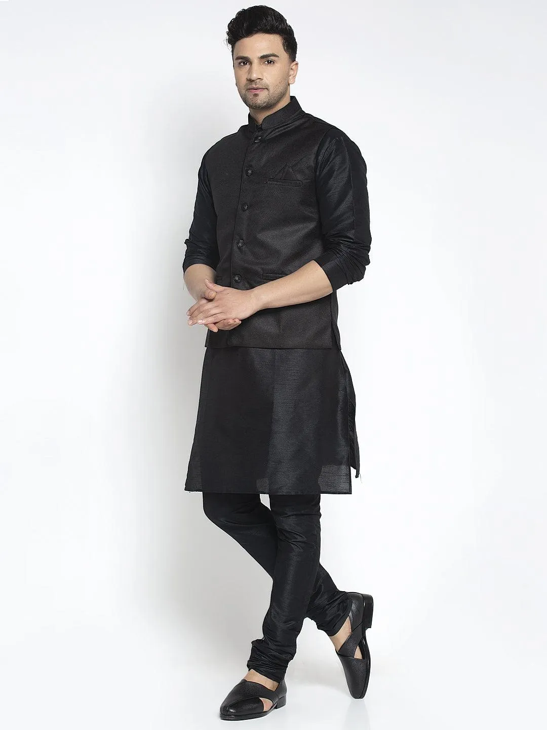 Men's Silk Blend Black Kurta With Pyjama & Black Nehru Jacket - Benstoke