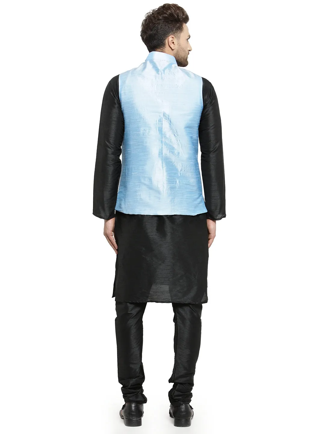 Men's Silk Blend Black Kurta With Pyjama & Sky Blue Nehru Jacket - Benstoke