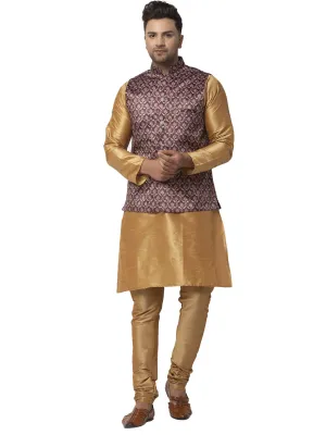 Men's Silk Blend Copper Kurta With Pyjama & Coffee Brown Printed Nehru Jacket - Benstoke