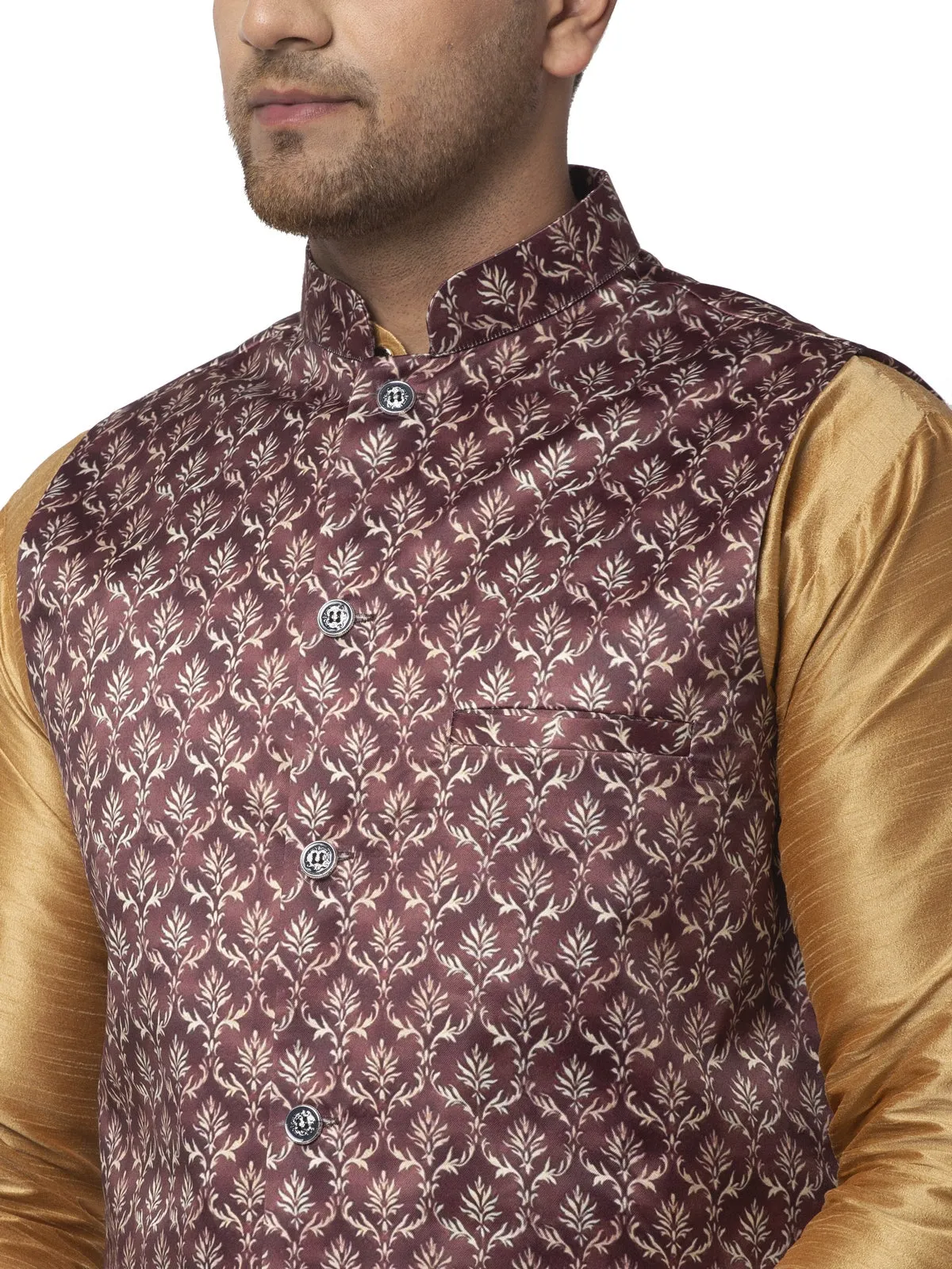 Men's Silk Blend Copper Kurta With Pyjama & Coffee Brown Printed Nehru Jacket - Benstoke