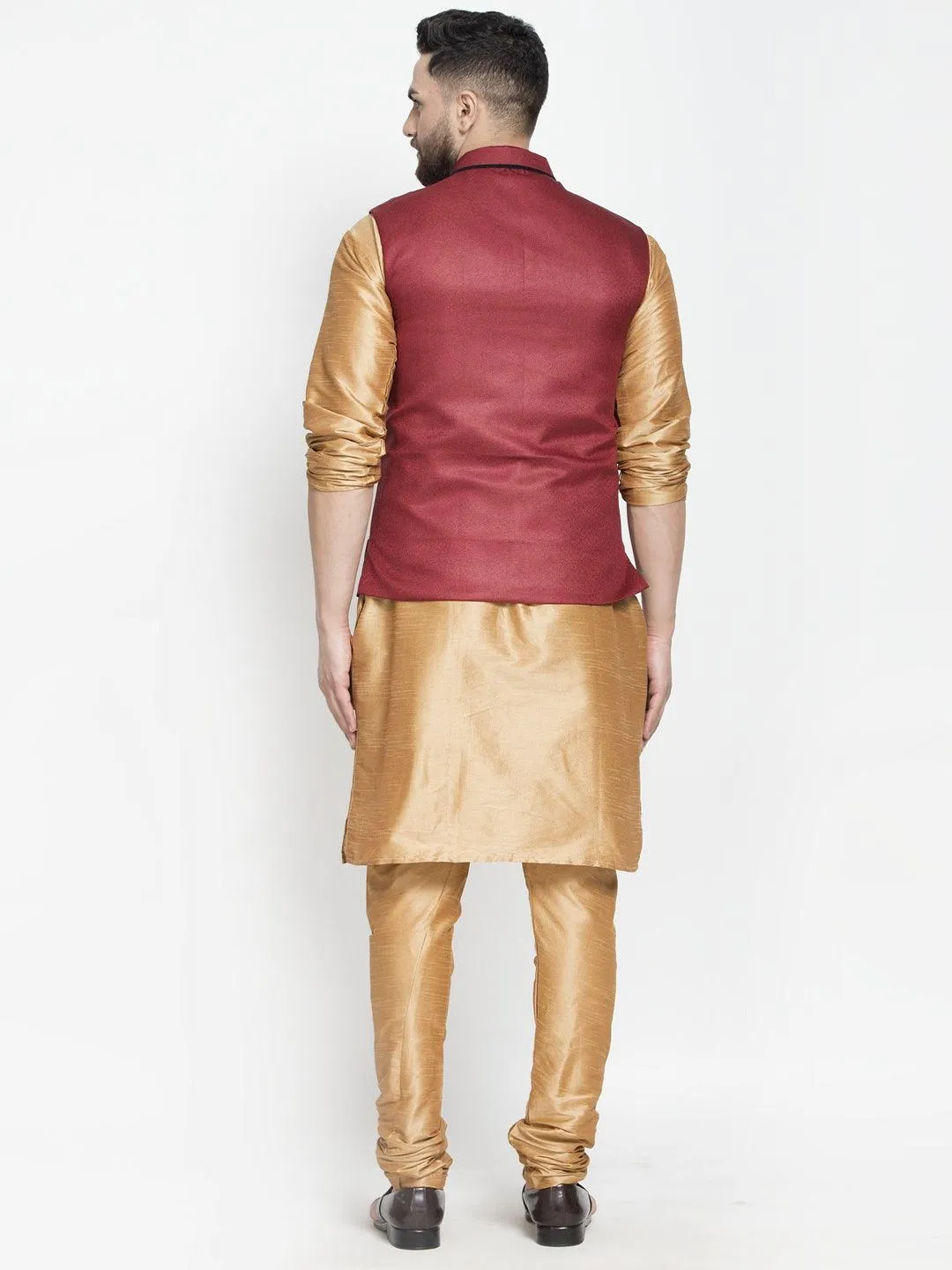 Men's Silk Blend Copper Kurta With Pyjama & Maroon Nehru Jacket - Benstoke