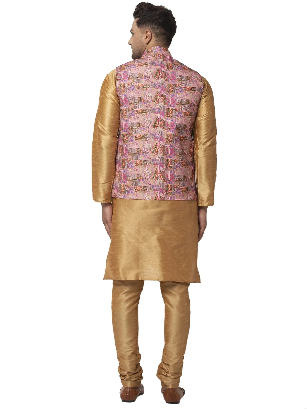 Men's Silk Blend Copper Kurta With Pyjama & Pink Printed Nehru Jacket - Benstoke