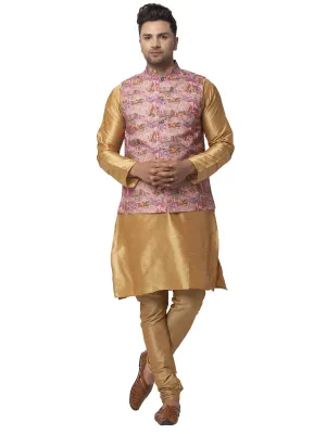 Men's Silk Blend Copper Kurta With Pyjama & Pink Printed Nehru Jacket - Benstoke