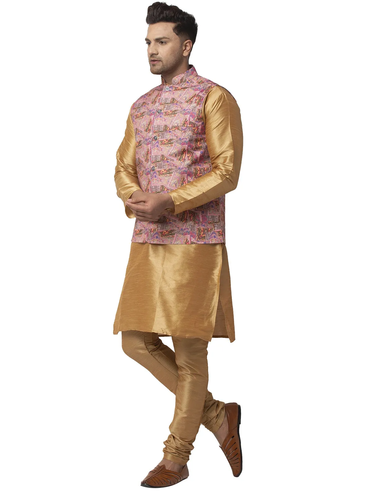 Men's Silk Blend Copper Kurta With Pyjama & Pink Printed Nehru Jacket - Benstoke