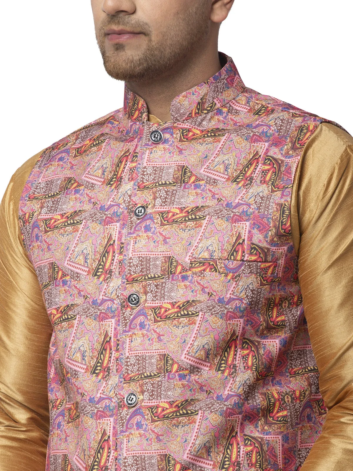 Men's Silk Blend Copper Kurta With Pyjama & Pink Printed Nehru Jacket - Benstoke